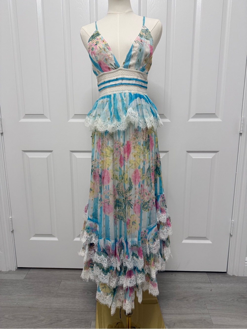 Rococo Sand Blue Floral Lace-Trim Maxi Dress